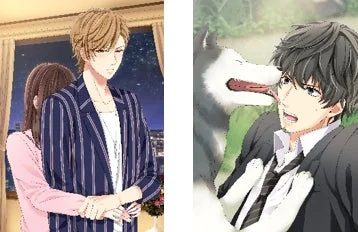 ロマンチックなシーンと男性が犬に顔を舐められている様子