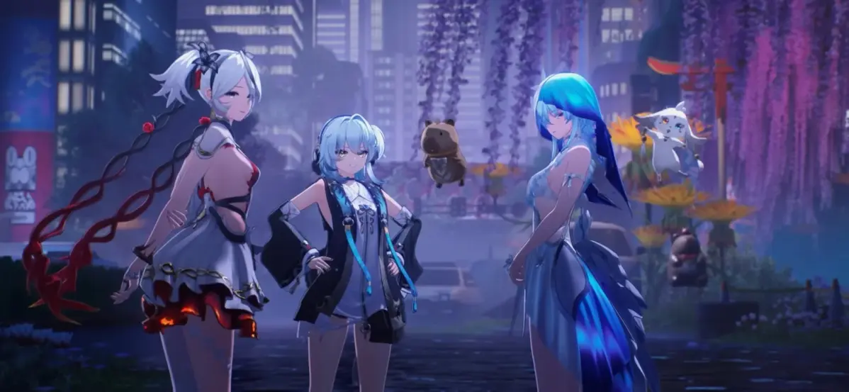 藤の花が咲き乱れる都市の夜景を背景に立つ3人の女性キャラクター