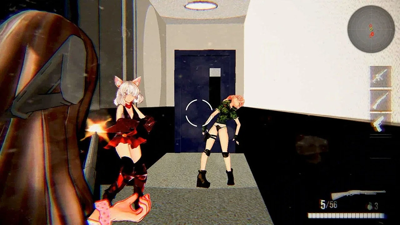 廊下で銃を発砲する女性キャラクター