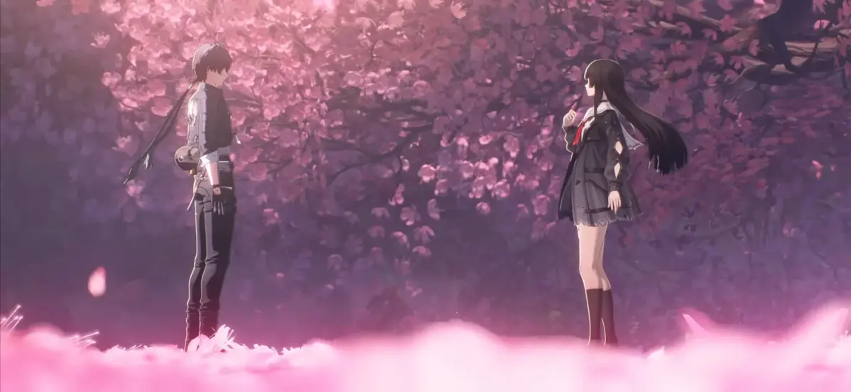 桜が舞い散る幻想的な夜景の中で向かい合う男女