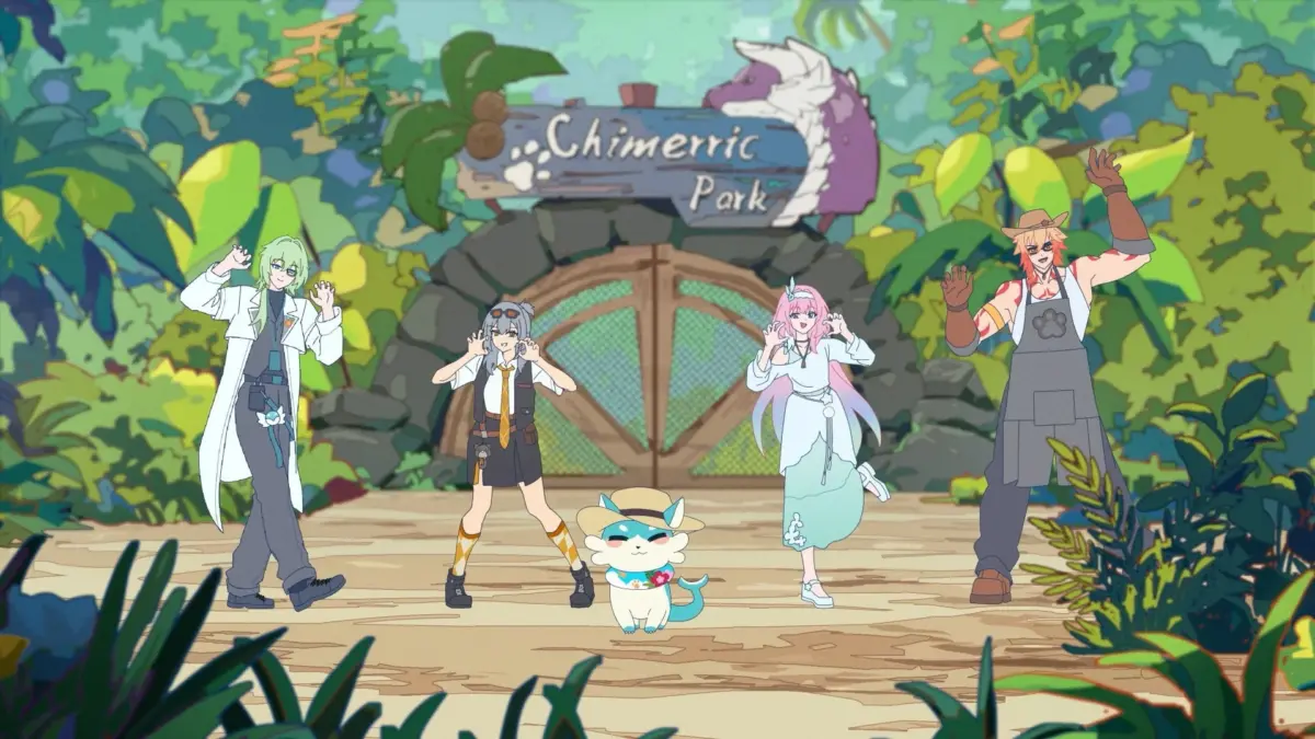 Chimeric Parkのキャラクターたちと看板