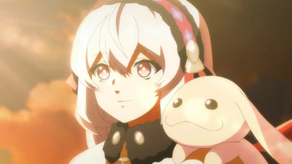 夕焼け空を背景に少女がぬいぐるみを抱えるアニメーション