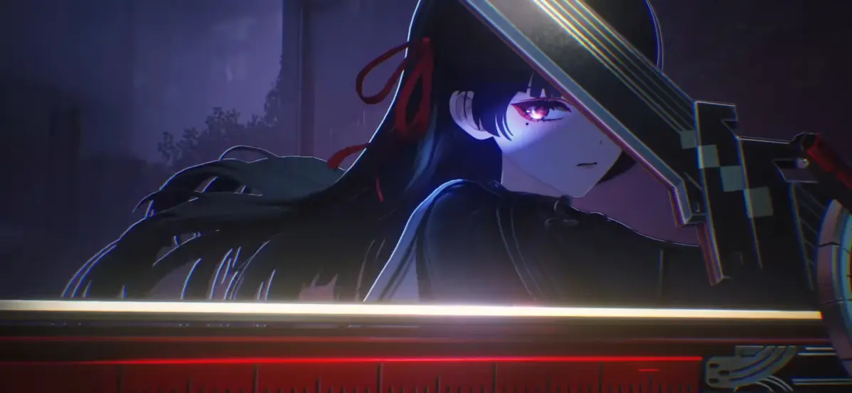 巨大な武器を構える赤い瞳の少女