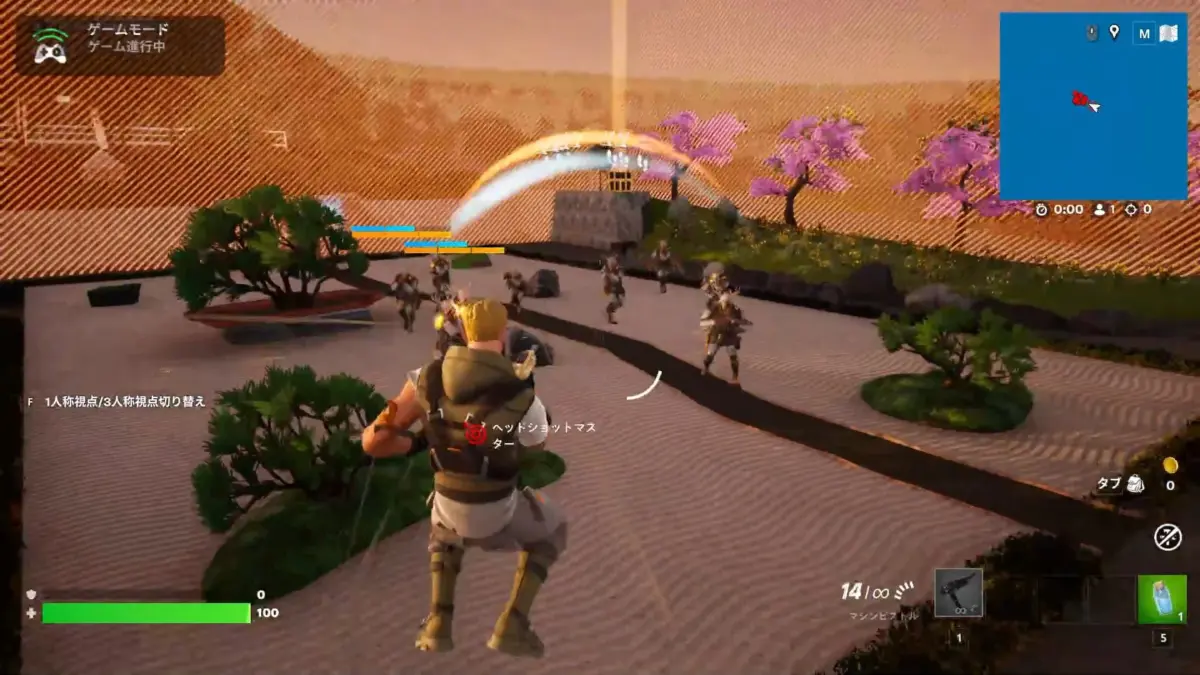 ゲームプレイ中の戦闘シーン、和風庭園