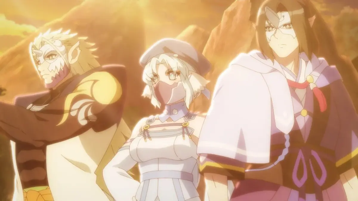 夕焼けのような光に包まれた3人のキャラクター