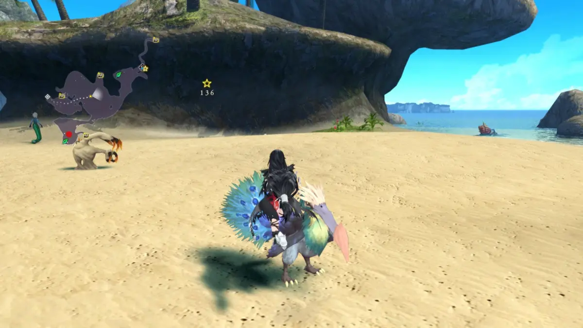 ゲーム画面で、キャラクターが大型の鳥のような生物に騎乗し、砂浜に立っている。近くには砂のモンスターと人魚がおり、遠くには海と小さな船が見える。ファンタジー世界のビーチでの冒険の一コマ。