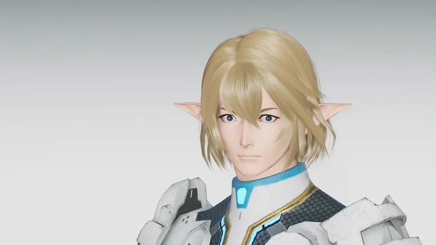 エルフ,男性キャラクター,金髪,ファンタジー,SF,ゲーム,アニメ,イケメン,白い服,青いアクセント