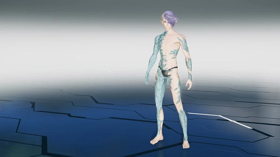 男性キャラクター,3Dモデル,アバター,ファンタジー,サイバー,鱗模様,紫髪,青い肌,仮想空間,ゲーム,全身