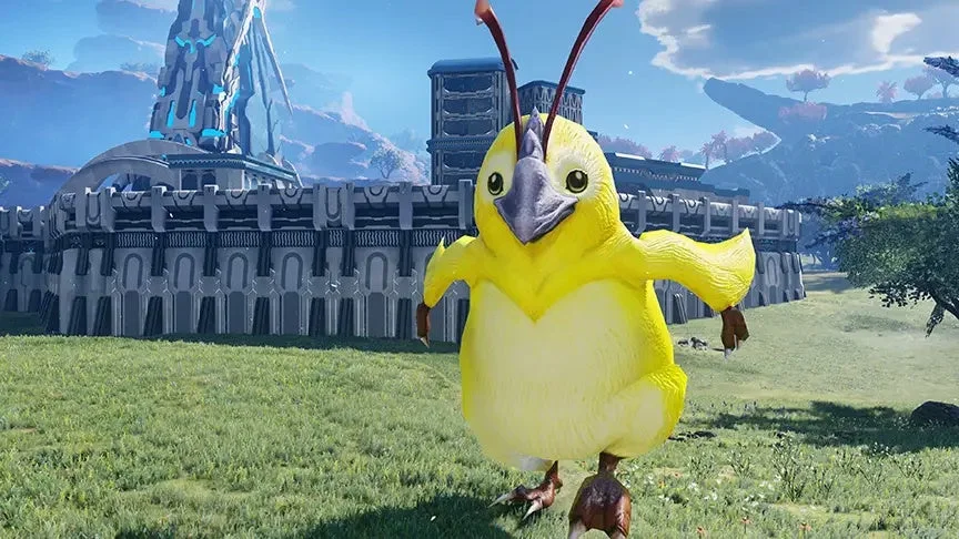 未来的な建造物が立ち並ぶ広大な草原に、黄色くて丸々とした鳥のようなクリーチャーが立っている