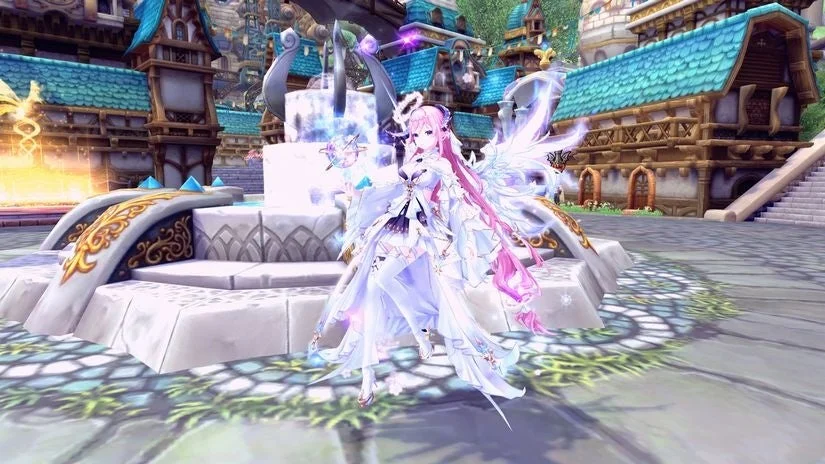 ピンクの長髪と白いドレスをまとった天使のようなキャラクターが、ファンタジー世界の美しい街並みの中で光る杖を持ち立っている