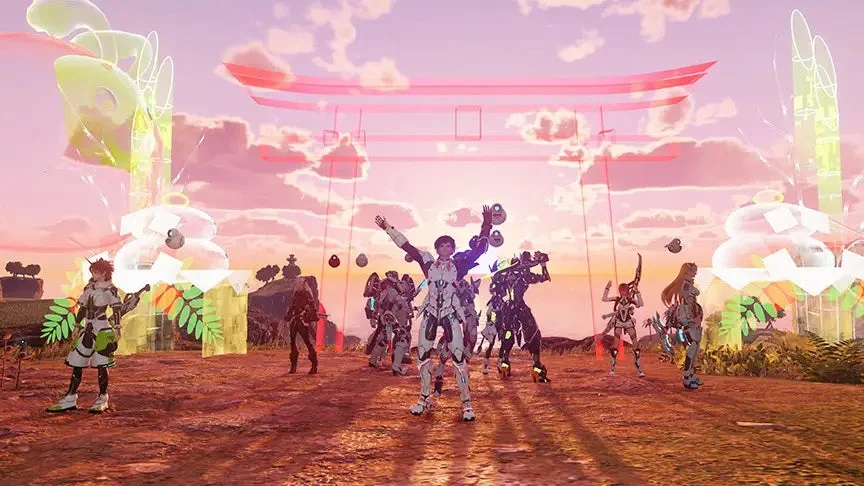 夕焼け空の下、複数のSF風キャラクターが鳥居の前で祝祭的なポーズをとっている。イベントシーンのよう。