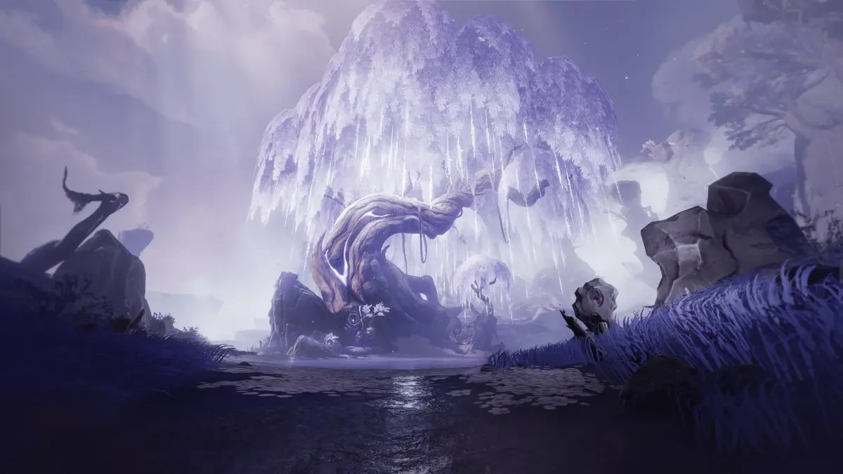 幻想的な紫色の巨木がそびえ立つ魔法の森