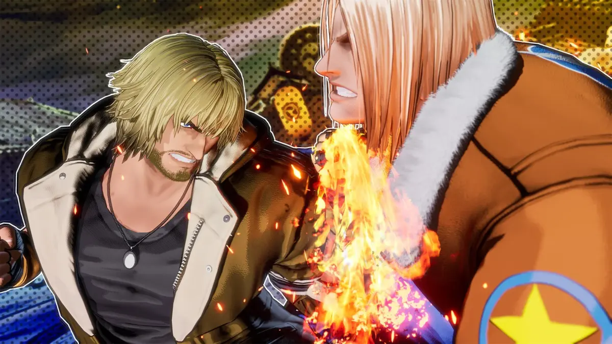 格闘ゲームに登場するような金髪の男性キャラクター二人が激しく対峙しているシーン。炎のエフェクトが飛び交い、緊張感のある表情とポップアート風の背景が特徴的です。