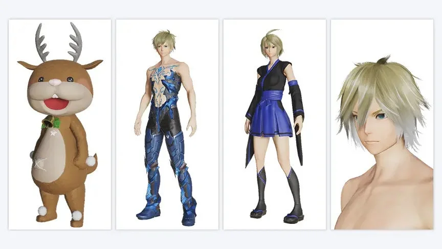 3Dキャラクターモデルが4つ並んでおり、左から可愛らしいトナカイ風のキャラクター、青い鎧をまとった男性キャラクター、青と黒の衣装を着た女性キャラクター、そして男性キャラクターの顔のアップが写っています