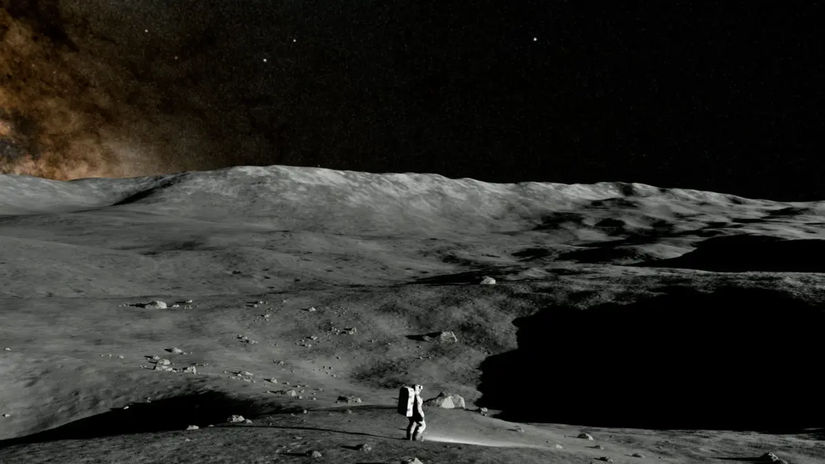 月面を歩く宇宙飛行士の姿。