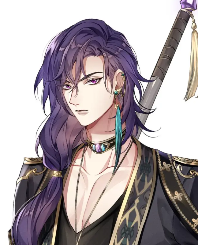紫色の長髪と紫の瞳を持つアニメ風の男性キャラクター