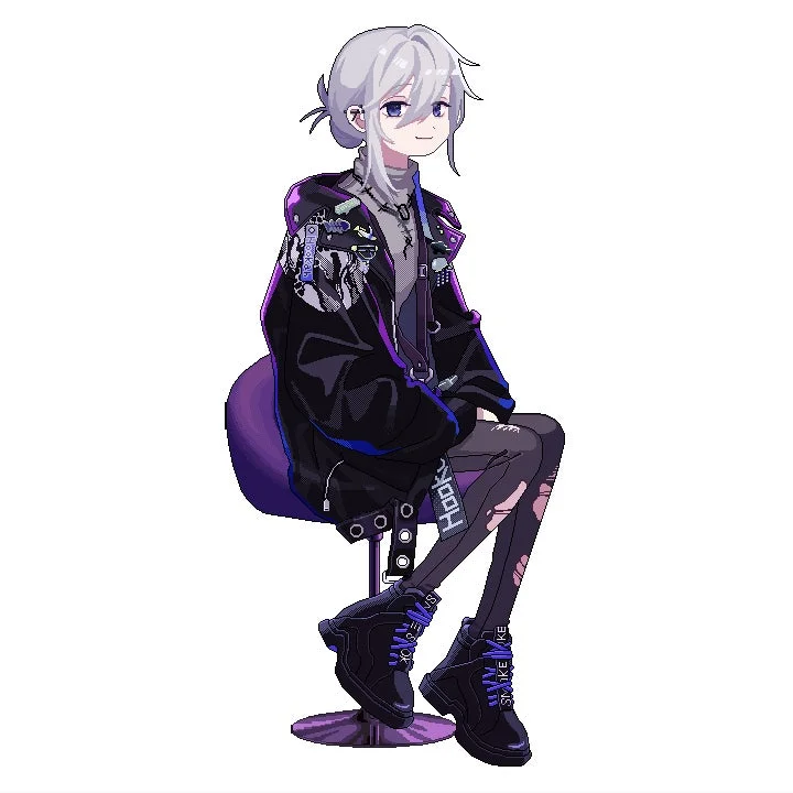 ピクセルアートで描かれた銀髪のキャラクターが、黒と紫を基調としたストリート系の服装で紫の椅子に座っているイラストです。