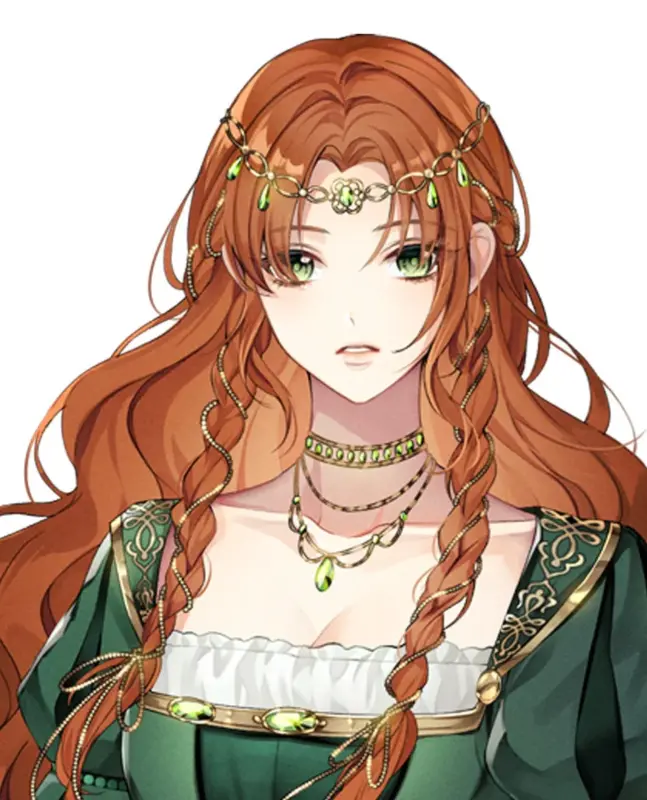 緑色の瞳と赤みがかった長い髪を持つ、エレガントな女性のイラスト