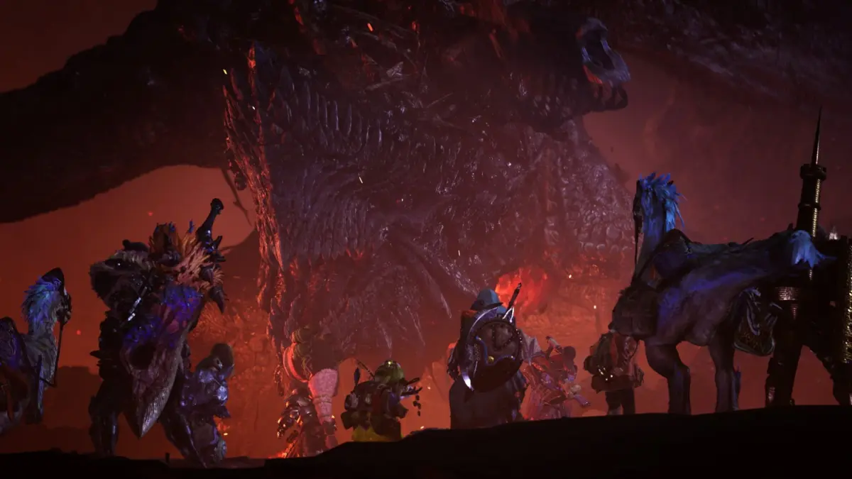 巨大モンスターとハンターの戦闘