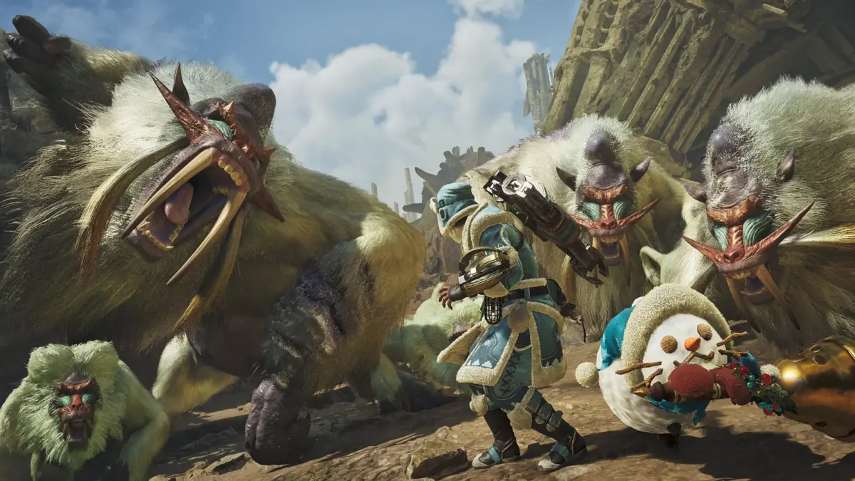 冬の衣装をまとったハンターが、複数の巨大な獣型モンスターと戦う