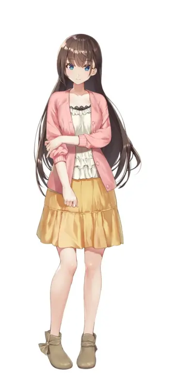 白い背景に立つ、茶髪と青い瞳のアニメ風の若い女性の全身イラスト。ピンクのカーディガン、白いフリルトップス、黄色のスカート、ベージュのブーツを身につけ、優しい笑顔を浮かべている。