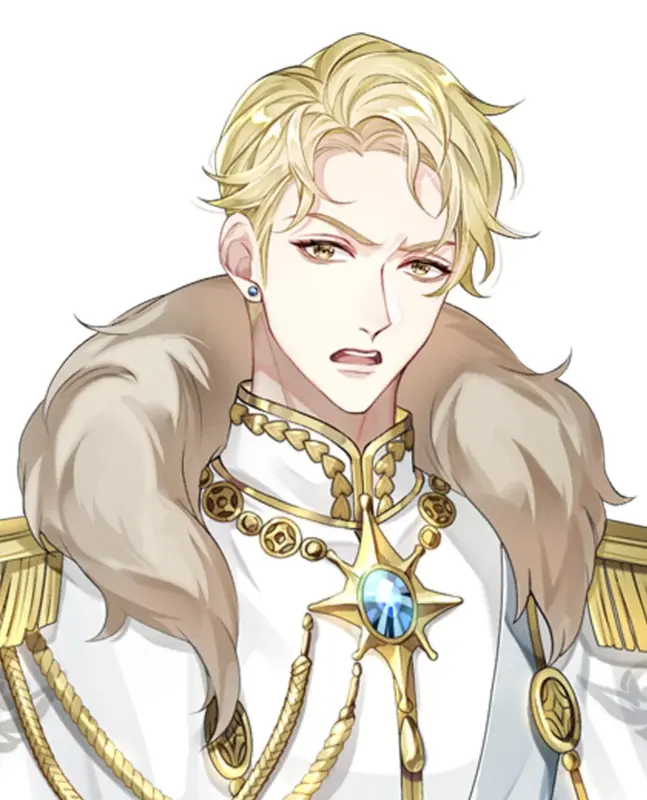 金髪の男性キャラクターが、豪華な白い軍服と毛皮の襟を身につけている