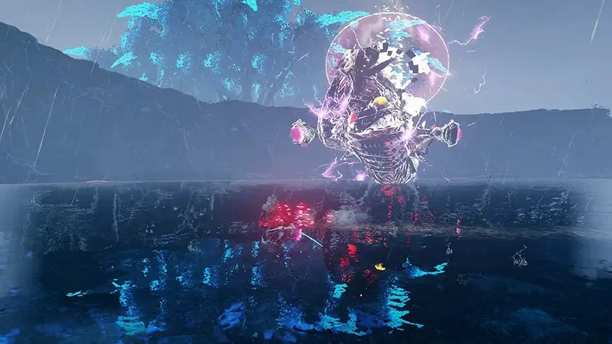 巨大な構造物がエネルギーを放つ幻想的な風景