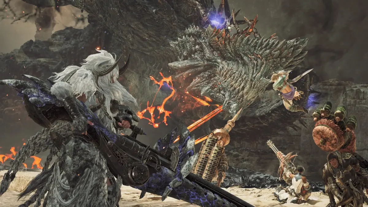 荒廃した大地で、複数の戦士たちが巨大なドラゴン型モンスターと激しい戦闘を繰り広げている