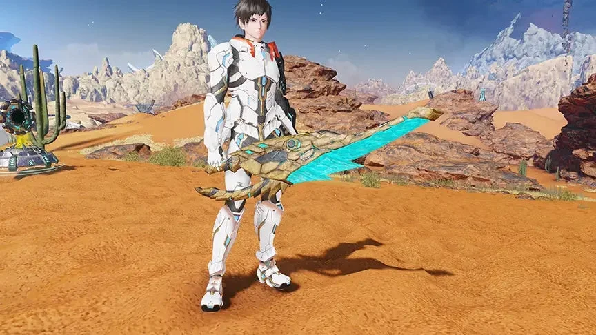 白い未来的なアーマーをまとった男性キャラクターが、広大な砂漠の風景の中に立っている