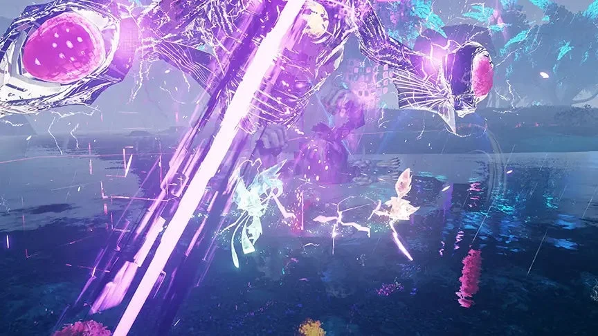 水面に反射する鮮やかな光と巨大な構造物