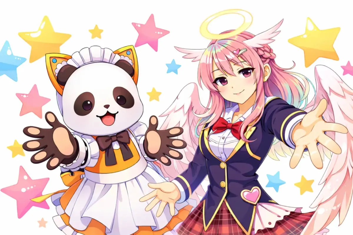 ピンク髪の天使のような少女とパンダのマスコットキャラクター