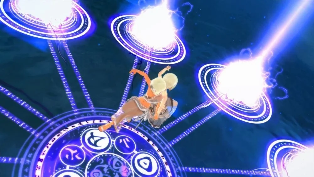 暗い空間で、2人の人物が複数の光る魔法陣と光線に囲まれています。