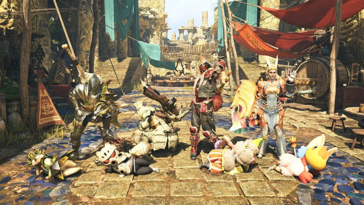 複数のハンターと彼らのオトモ(アイルーやガルク)が賑やかな村でポーズをとっている様子