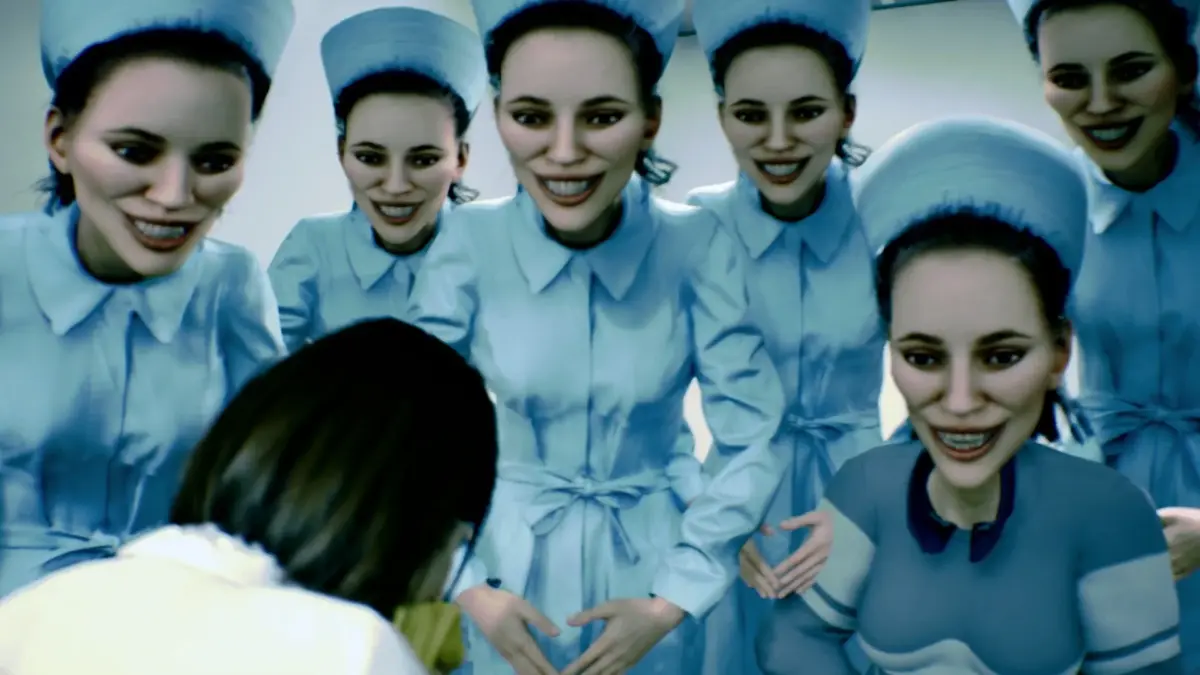 不気味な笑顔のナース服を着た女性たち