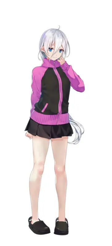 白い髪と青い目を持つアニメスタイルの少女が、ピンクと黒のジャージと黒いプリーツスカートを着用し、白い背景の前で立っています。片手を口元に添え、控えめに微笑む姿が描かれています。