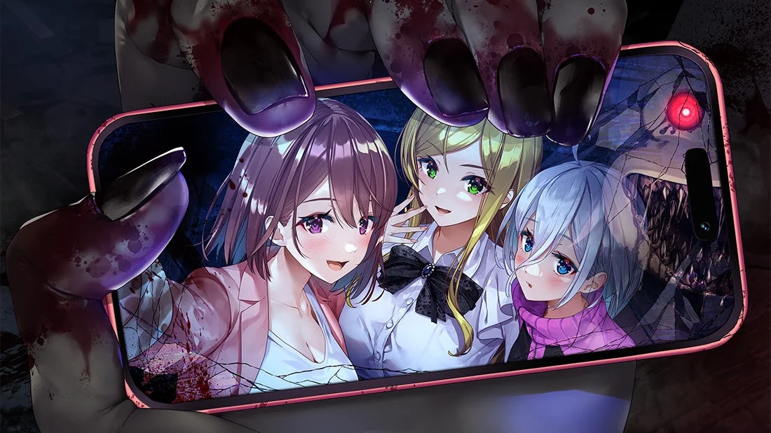 血まみれの爪を持つ手がスマートフォンを握り、画面には楽しげな3人のアニメ少女が映っている。しかし、画面の奥には不気味なモンスターの影が潜み、ひび割れた画面が恐怖感を煽るイラスト。