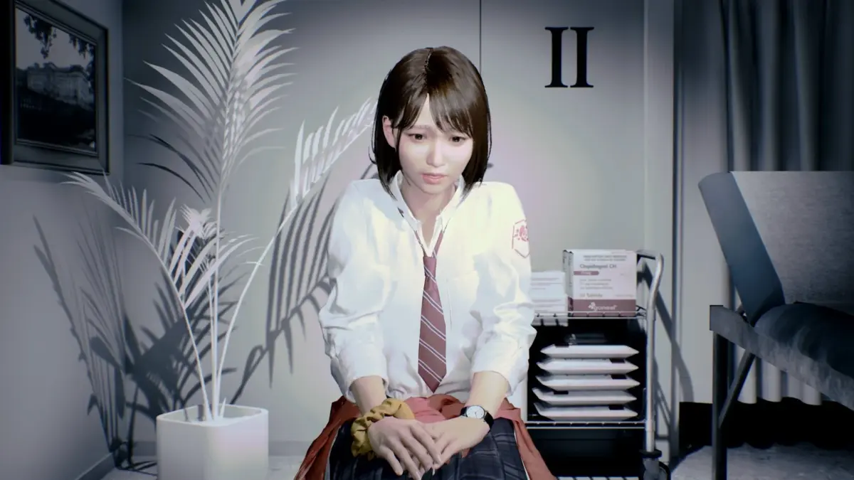 制服姿の若い女性が俯き、医療品と観葉植物が並ぶ