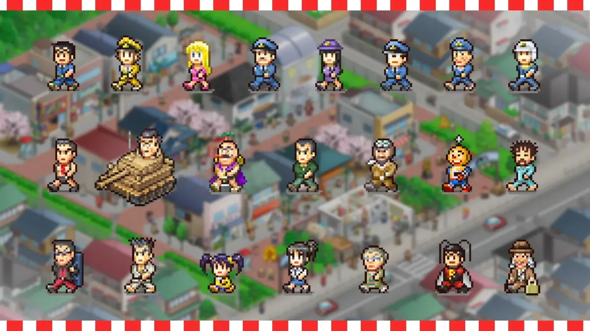 ピクセルアートで描かれた桜咲く町並みを背景に、警察官や戦車に乗った人物など多様なキャラクターが並ぶ