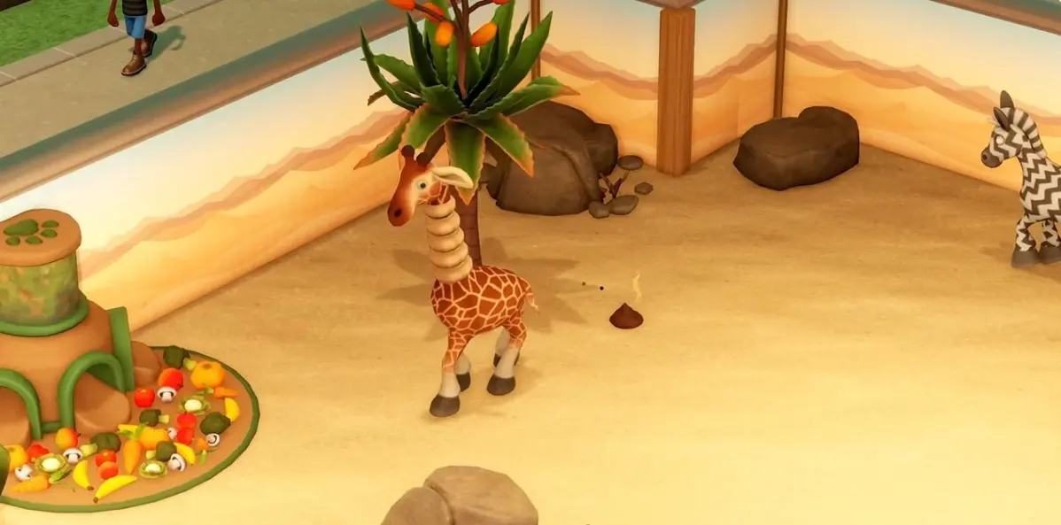 カートゥーン調の動物園の囲いの中で、キリンが立っており、その近くには新鮮な野菜や果物の山、そして動物の糞が見られます