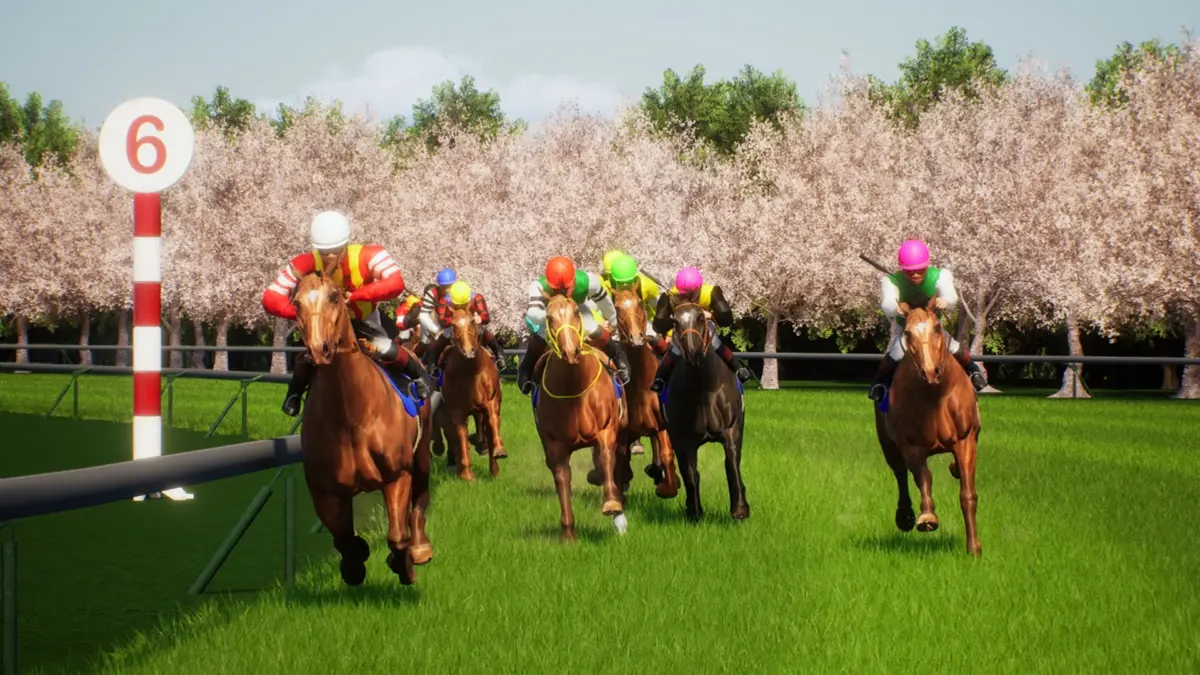 桜並木の下を駆ける競走馬