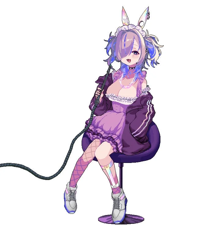 紫色の髪とうさ耳を持つアニメ風の少女が、メイド風のドレスとダークなジャケットを身につけ、椅子に座っています。