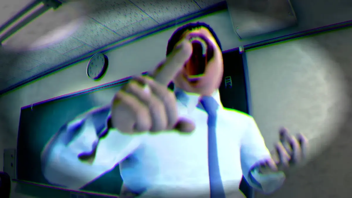 教室で顔が歪んだ人物が指を差す不気味な画像