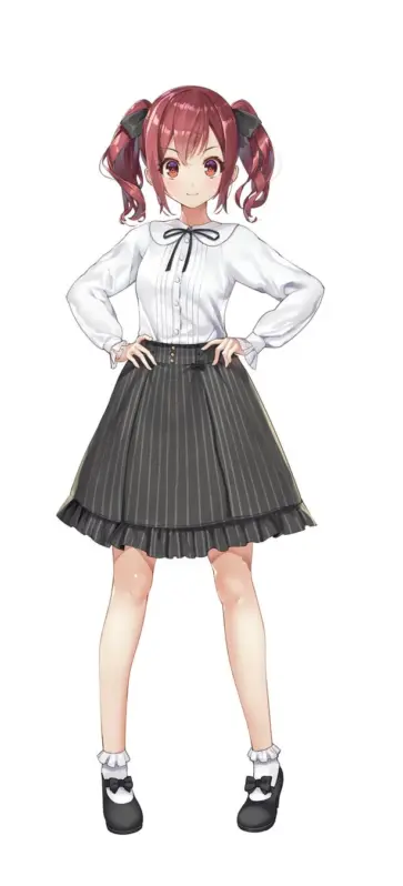 赤いツインテールの少女が、白いブラウスとストライプ柄の黒いスカートを着用し、両手を腰に当てて立っています。可愛らしい笑顔を浮かべ、黒いリボン付きの靴を履いています。