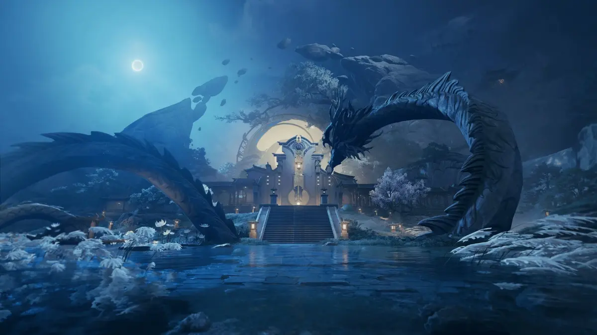 龍の像がそびえ立つ神秘的な寺院の夜景