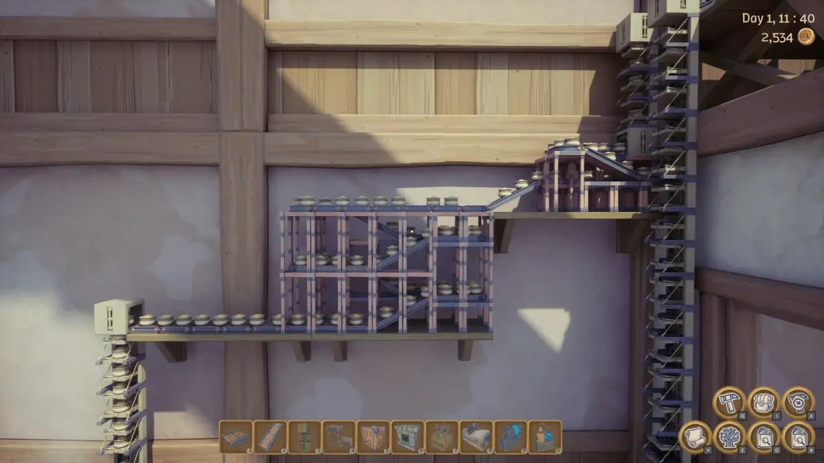 ゲーム画面:自動生産ライン、コンベア、ボウル