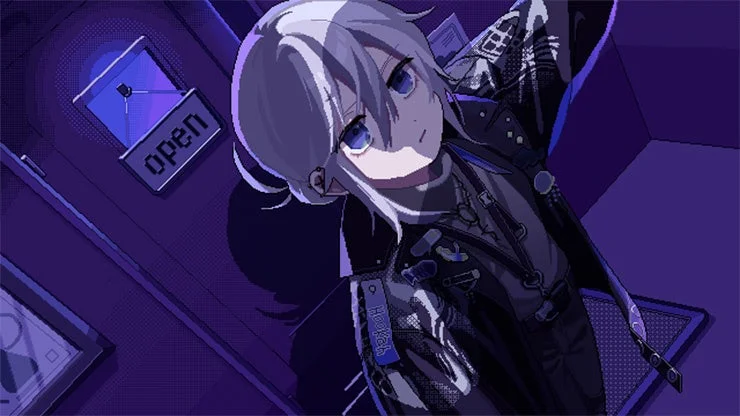 銀髪と青い目を持つ中性的なキャラクターが、紫色の空間でクールな表情を見せている。背景には「open」の看板が光る。