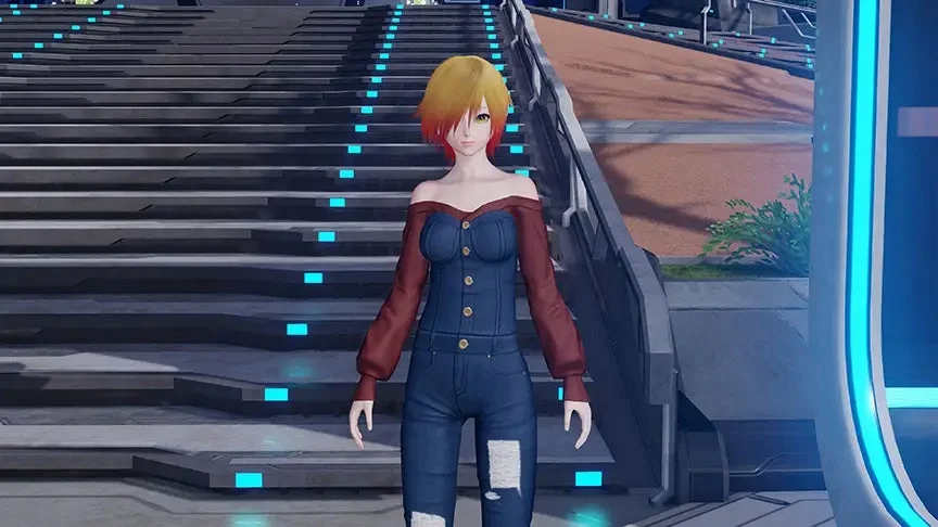 明るい金髪に赤のメッシュが入ったアニメ調の女性キャラクターが、未来的な青いライトが点滅する階段を背景に立っています