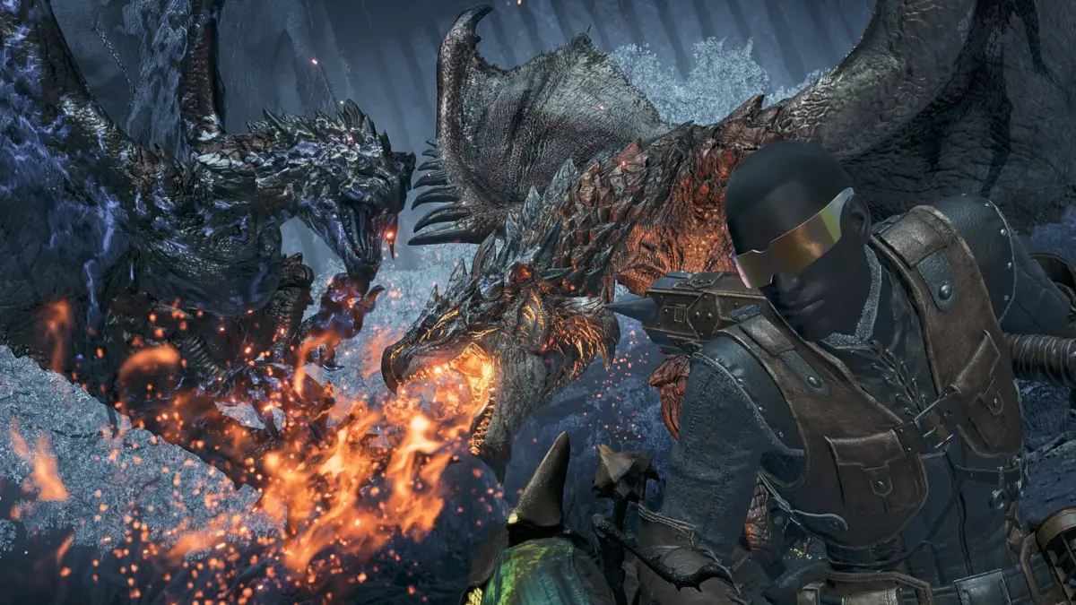 ハンターが二体の巨大な龍と対峙する激しい戦闘シーン