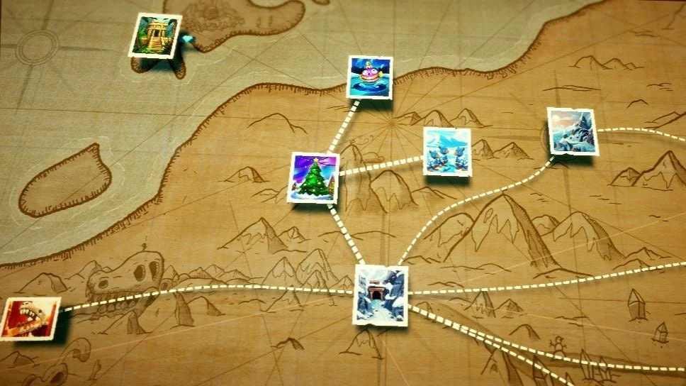 ゲームのワールドマップのようなイラストで、ジャングル、雪山、海、クリスマスなど多様なテーマのステージが描かれたサムネイルが配置されています