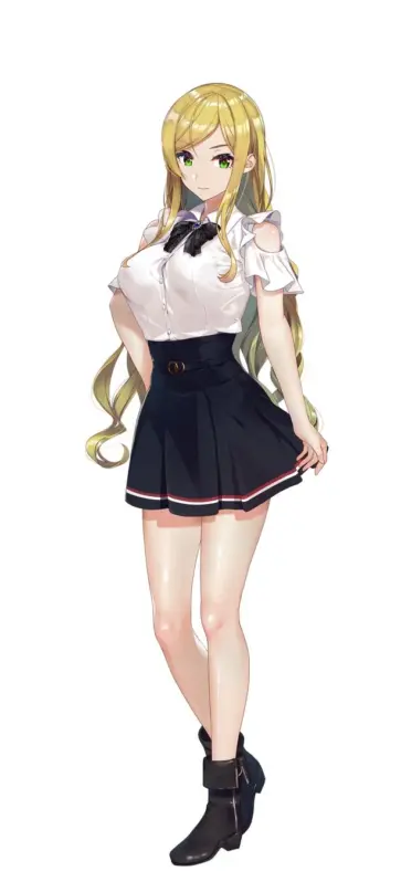 金髪ロングヘアと緑色の瞳を持つアニメ調の女の子の全身イラスト。白いオフショルダーブラウスと黒いプリーツスカート、黒いブーツを着用しており、白い背景に立っている。